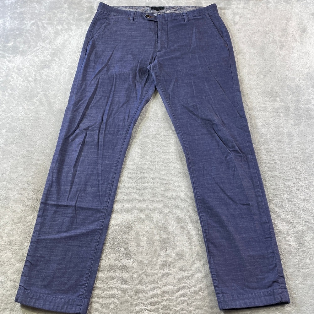 Ted Baker Pants Mens 34R Blue Slub Cotton Stretch Chino Office Preppy Minimalist